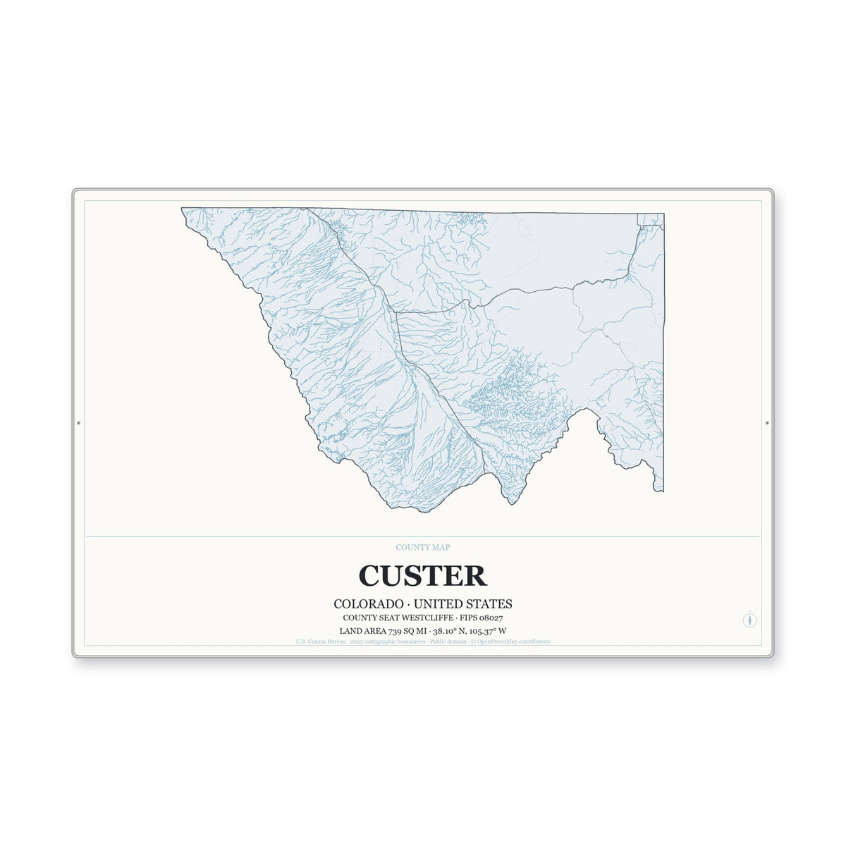 Custer County, Colorado Map Aluminum Sign in Gallery Air style