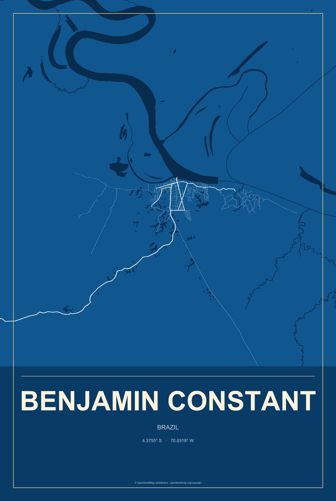 Benjamin Constant, Brazil City Map Aluminum Sign in Harbor Cobalt style