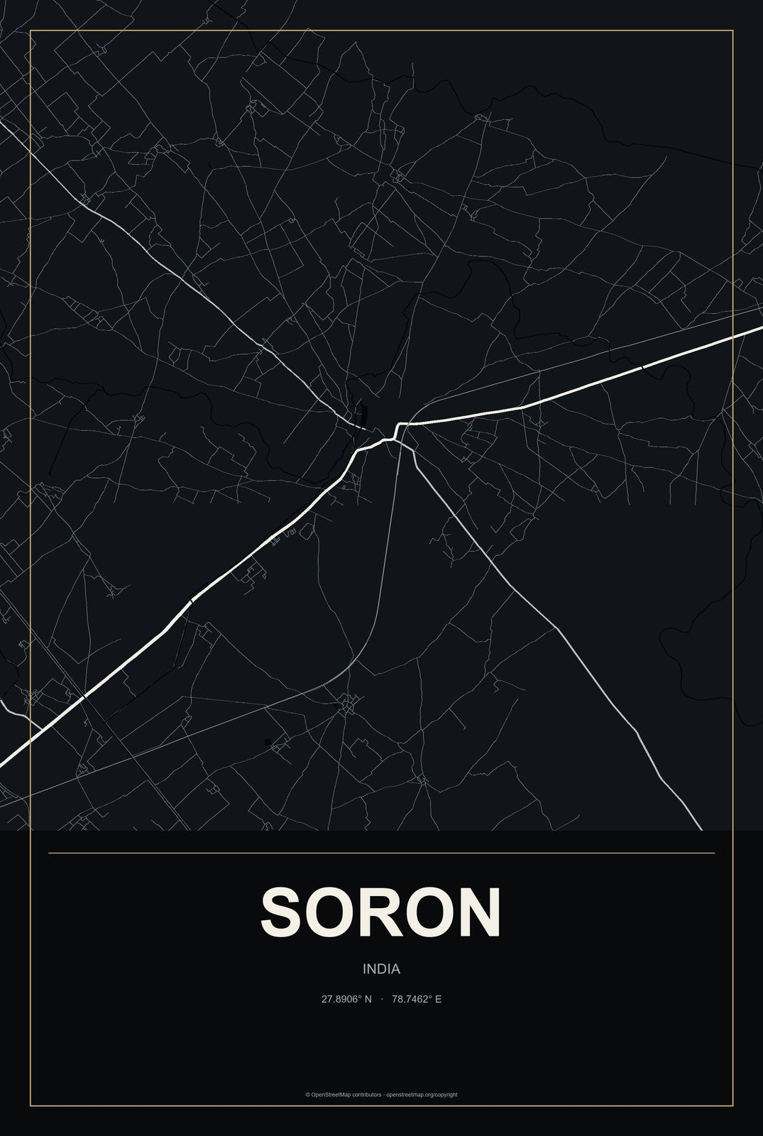 Soron, India City Map Aluminum Sign in Metropolitan Noir style