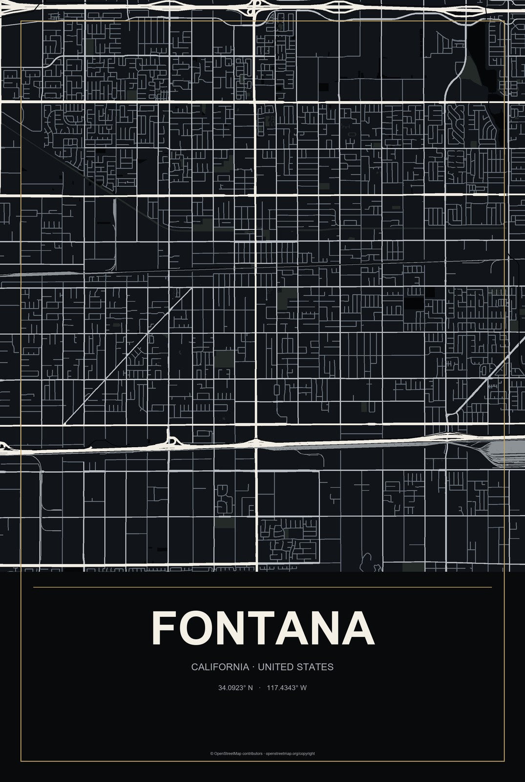 Fontana, California City Map Aluminum Sign in Metropolitan Noir style