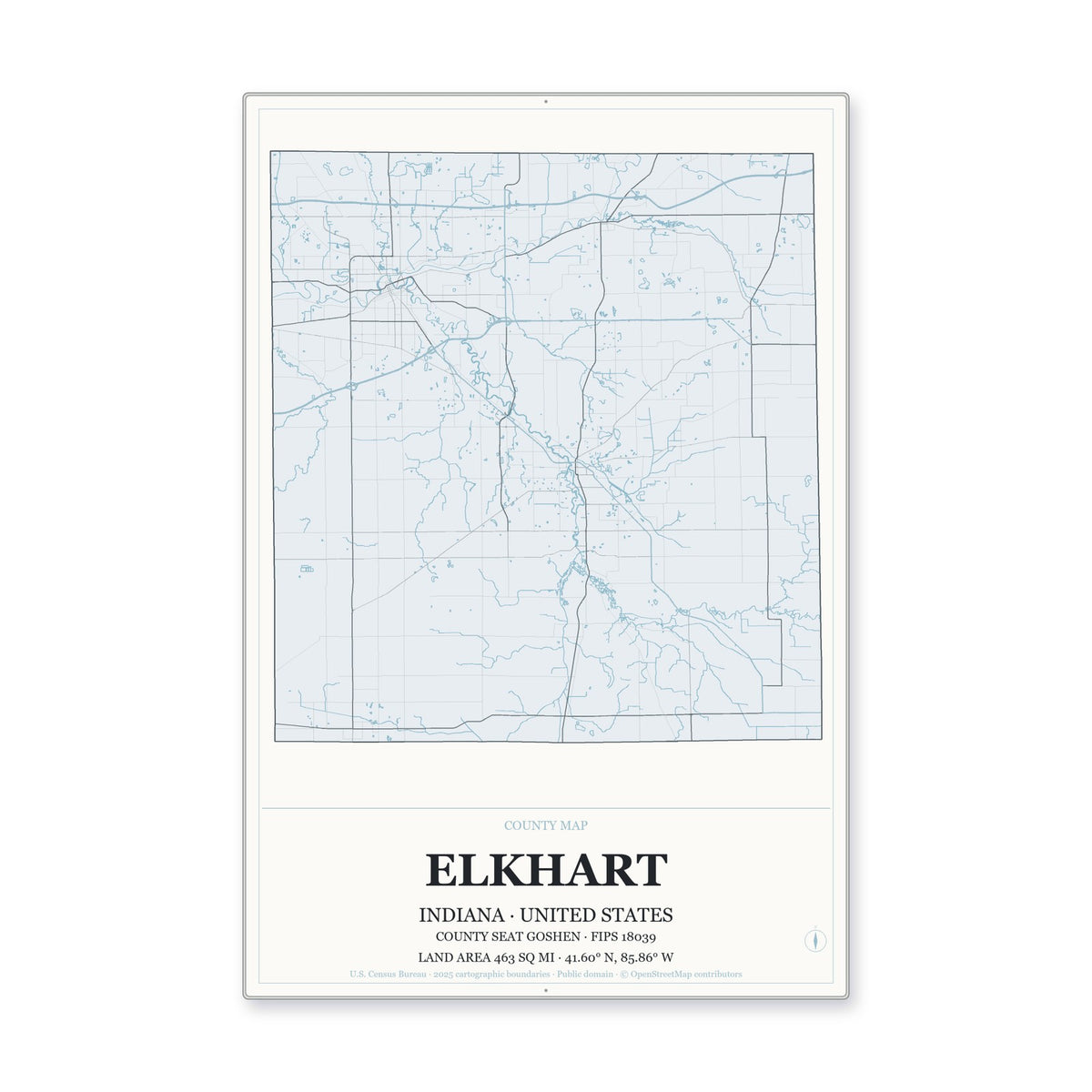 Elkhart County, Indiana Map Aluminum Sign in Gallery Air style