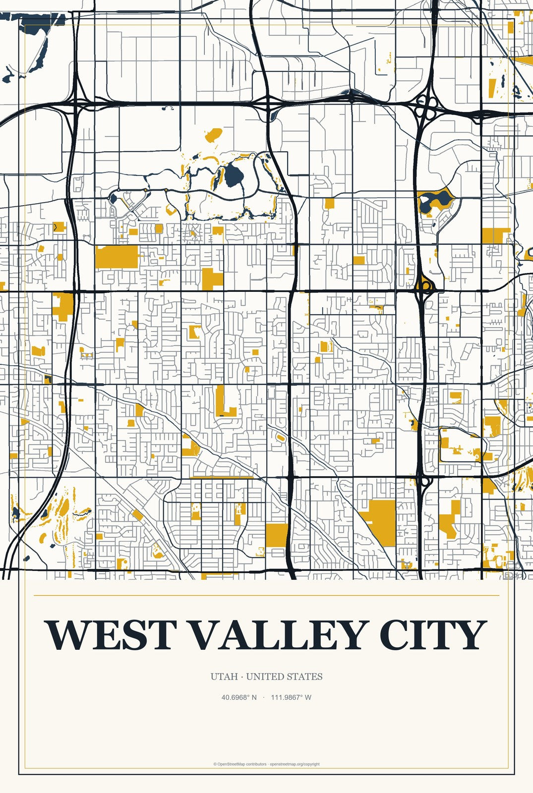 West Valley City, Utah City Map Aluminum Sign in Citrine Modern style