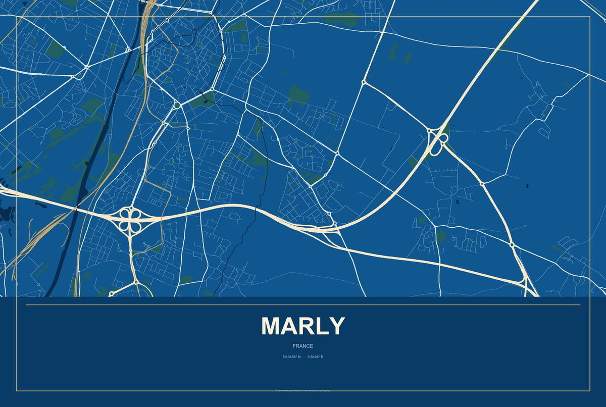 Marly, Grand Est, France City Map Aluminum Sign in Harbor Cobalt style