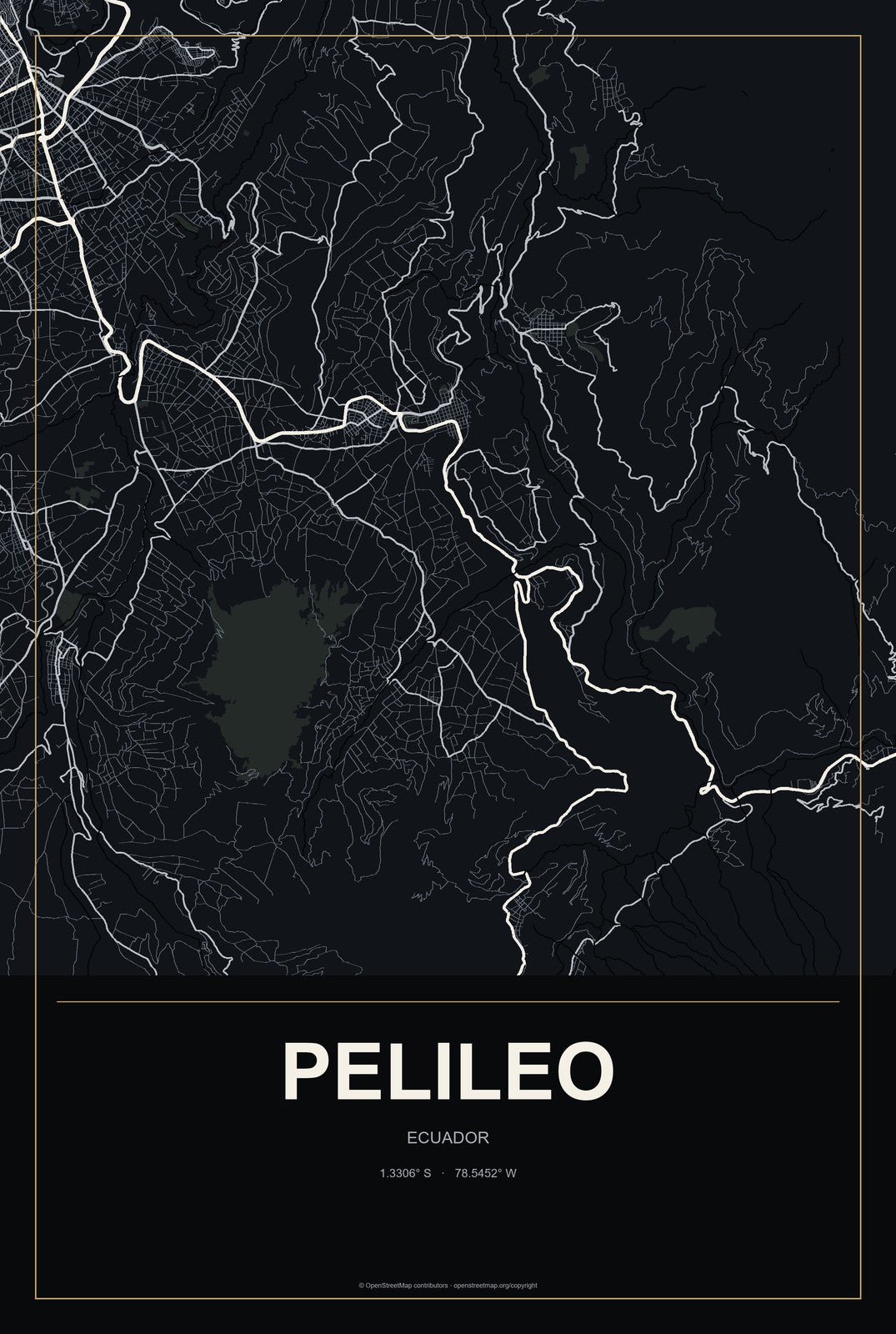 Pelileo, Ecuador City Map Aluminum Sign in Metropolitan Noir style