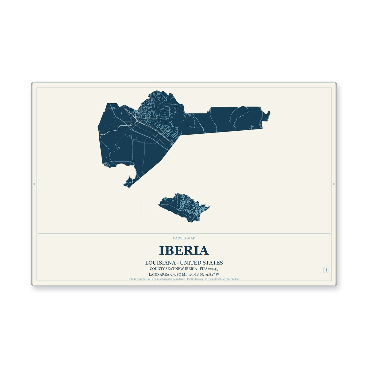 Iberia Parish, Louisiana Map Aluminum Sign in Coastal Cutout style