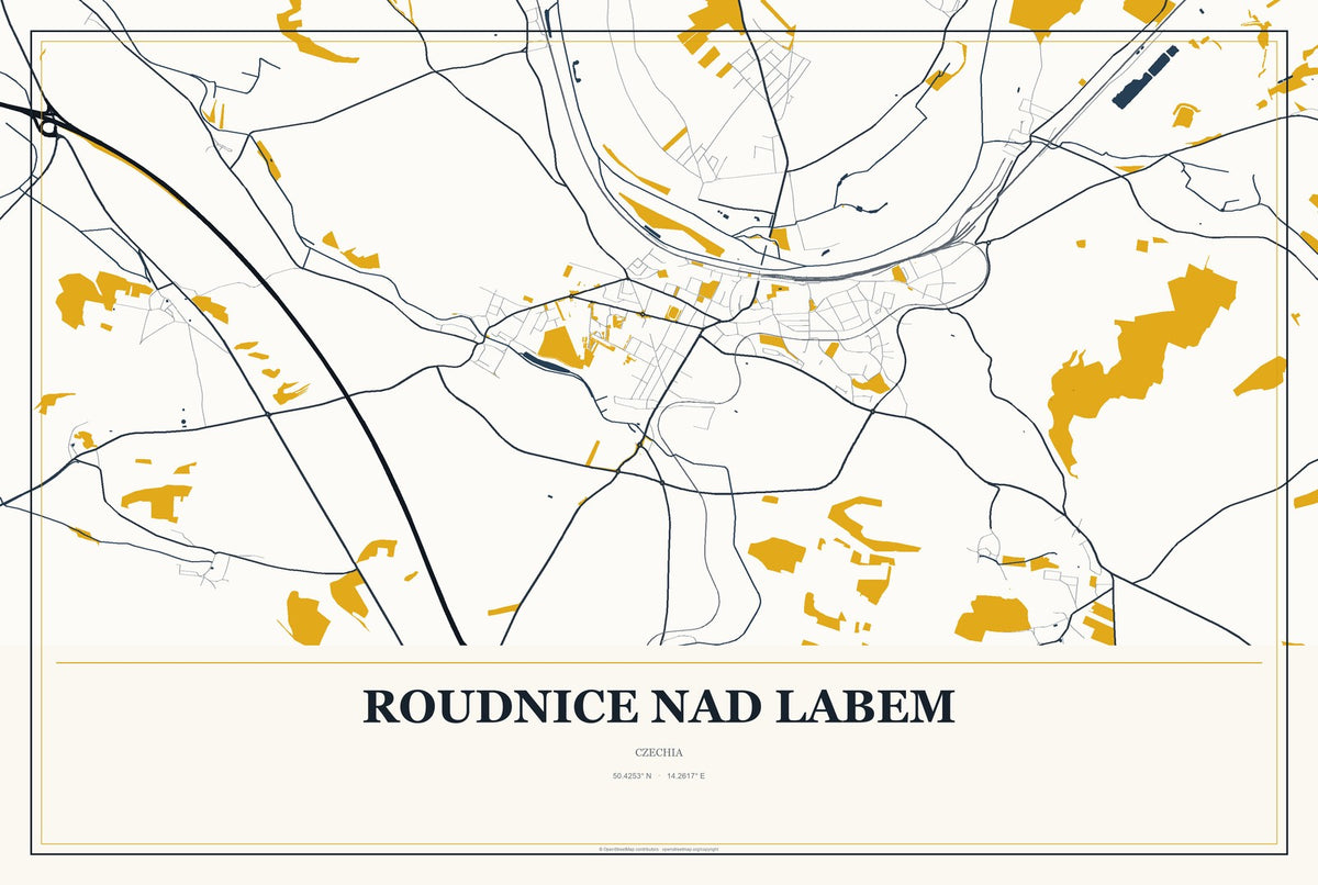 Roudnice nad Labem, Czechia City Map Aluminum Sign in Citrine Modern style