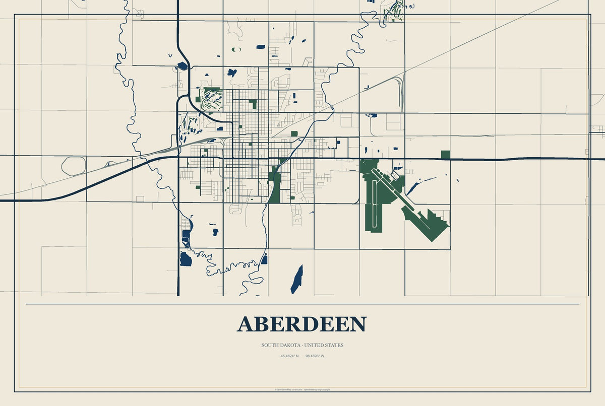 Aberdeen, South Dakota City Map Aluminum Sign in Coastal Cutout style