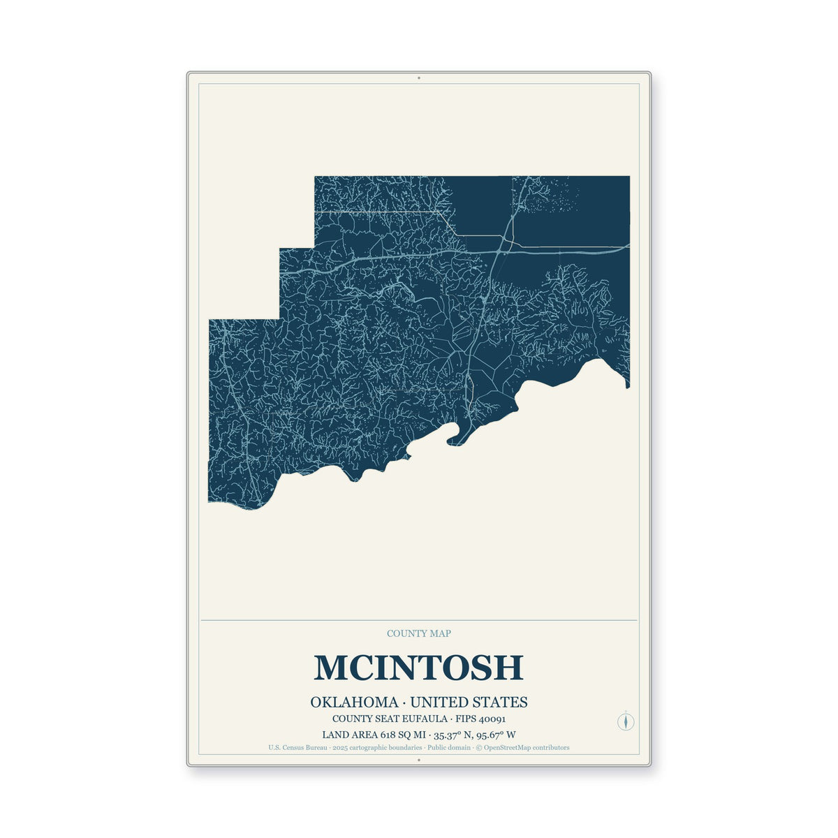 McIntosh County, Oklahoma Map Aluminum Sign in Coastal Cutout style
