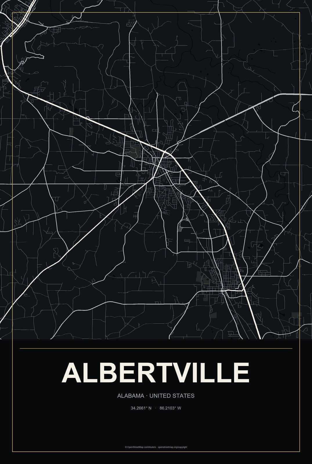 Albertville, Alabama City Map Aluminum Sign in Metropolitan Noir style