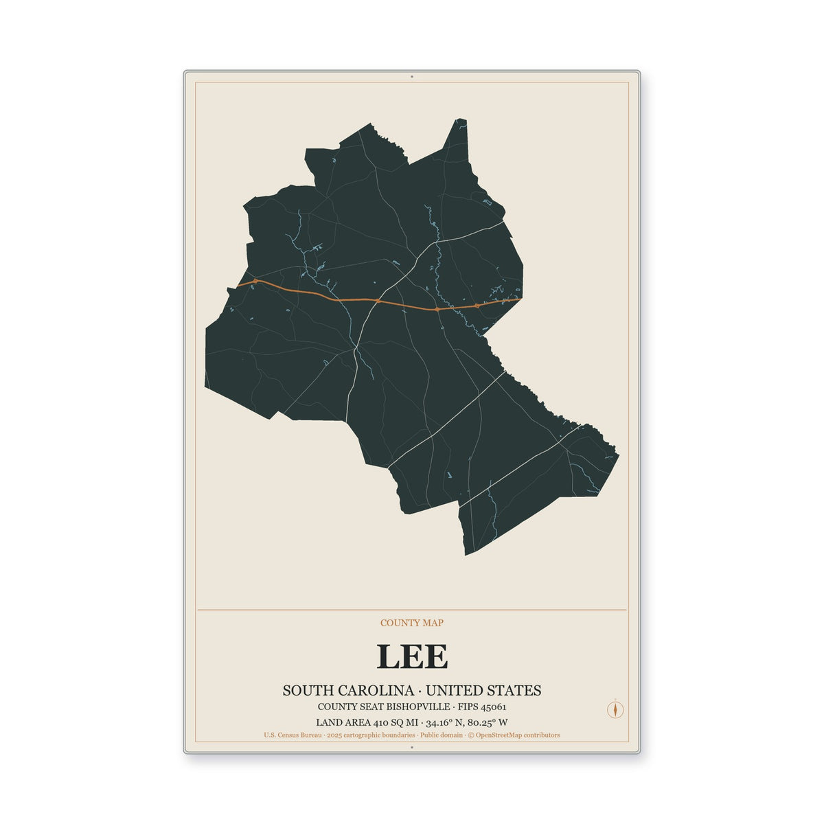 Lee County, South Carolina Map Aluminum Sign in Headline Atlas style