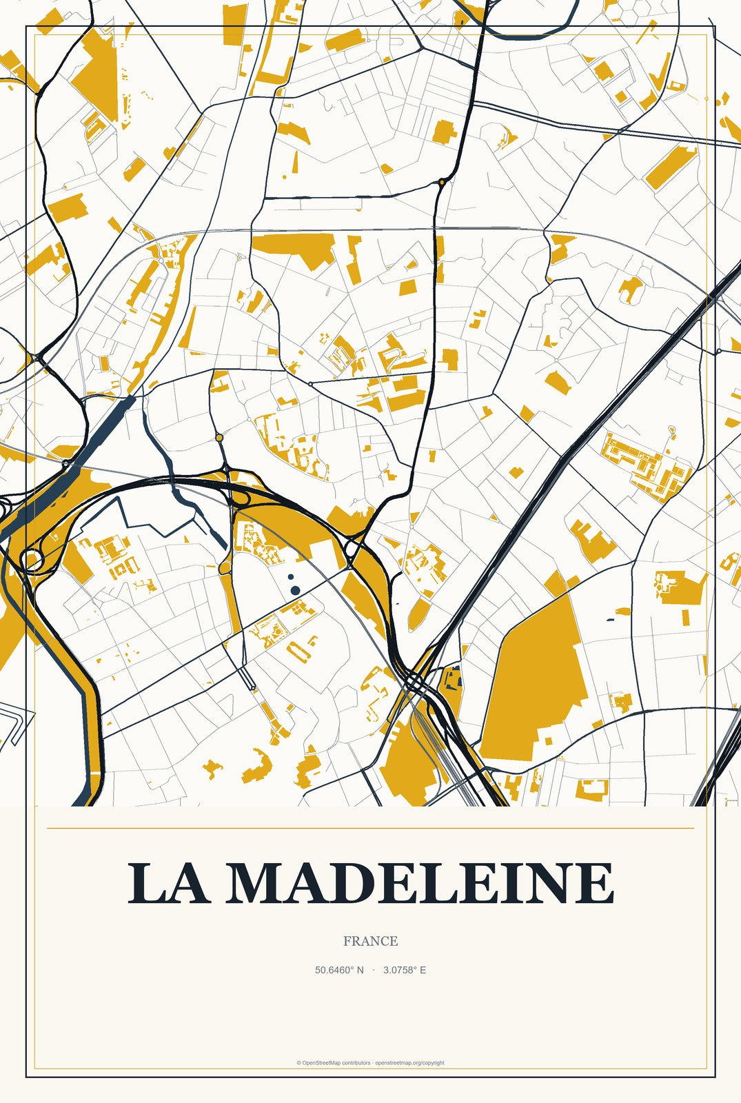 La Madeleine, France City Map Aluminum Sign in Citrine Modern style