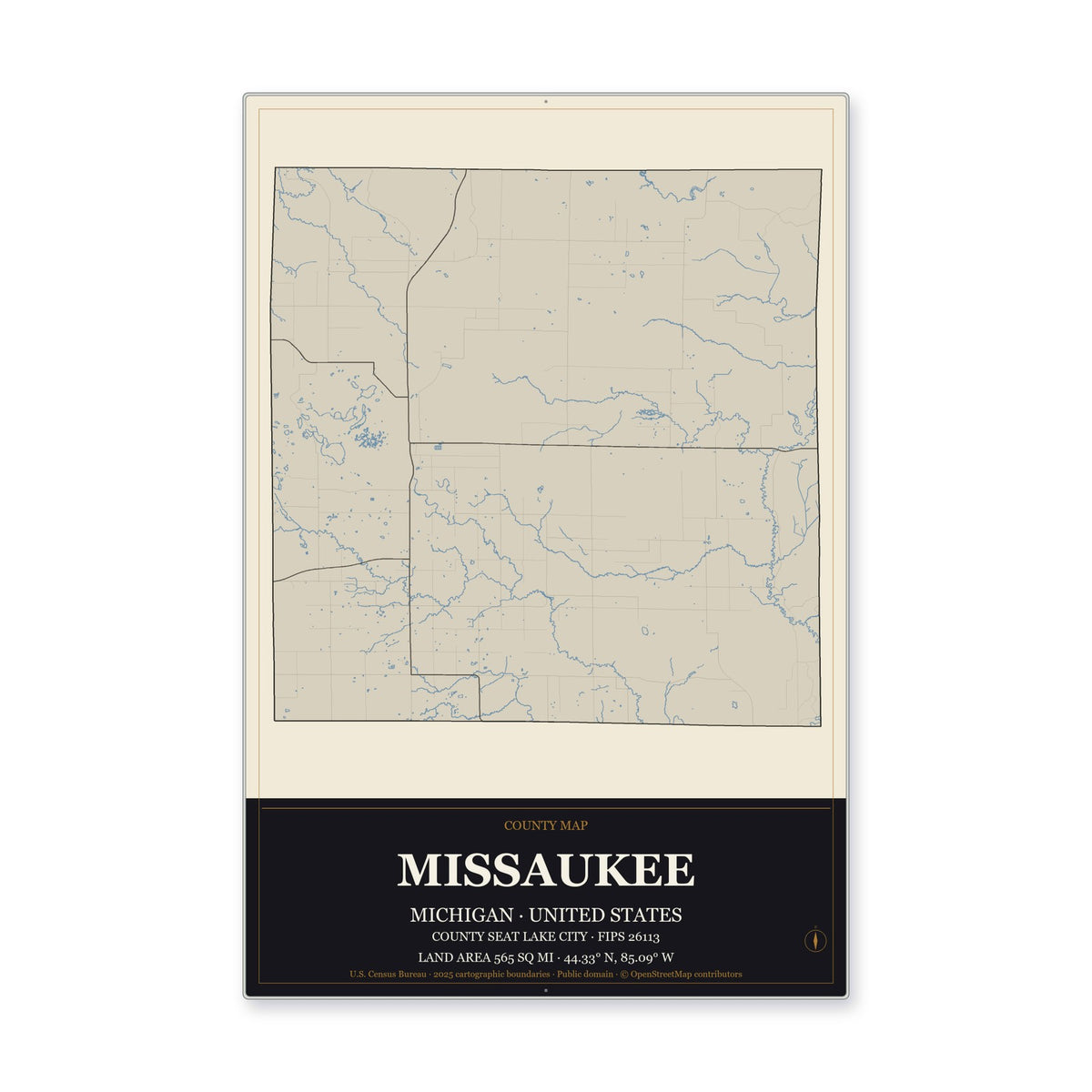 Missaukee County, Michigan Map Aluminum Sign in Museum Plaque style