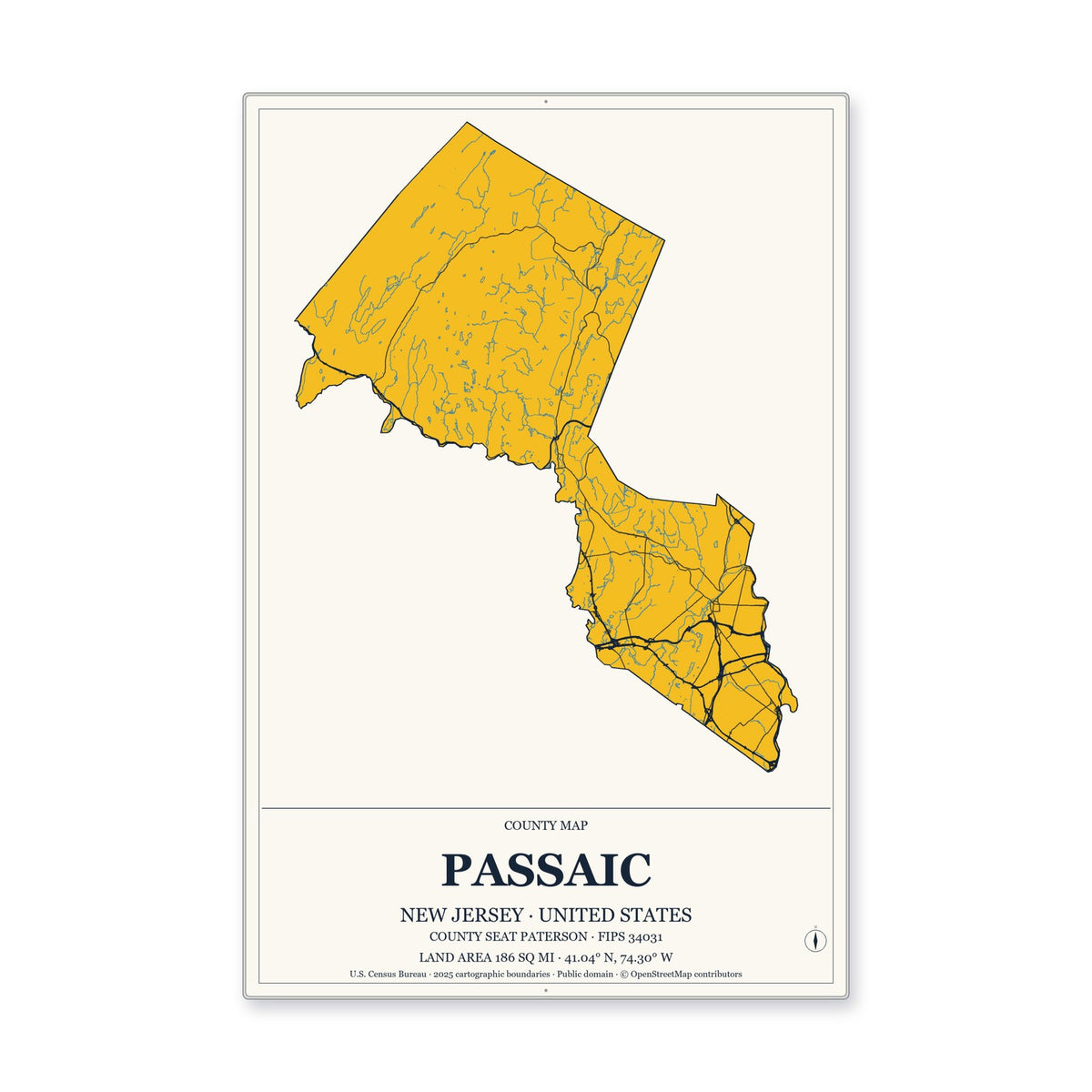 Passaic County, New Jersey Map Aluminum Sign in Citrine Modern style