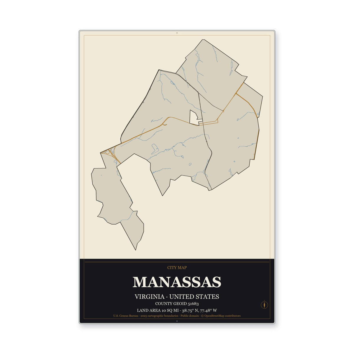 Manassas city, Virginia Map Aluminum Sign in Museum Plaque style