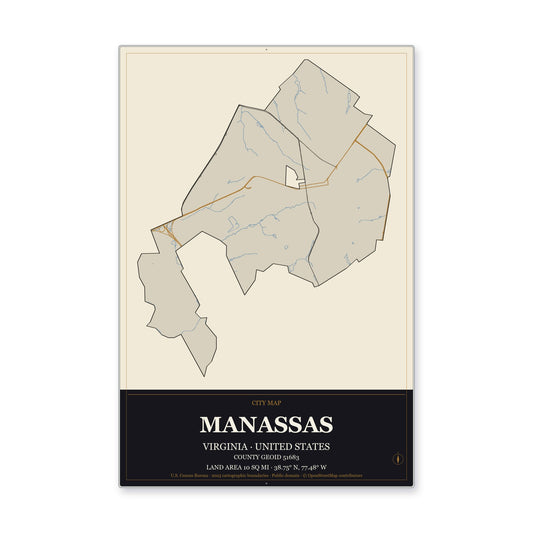 Manassas city, Virginia Map Aluminum Sign in Museum Plaque style