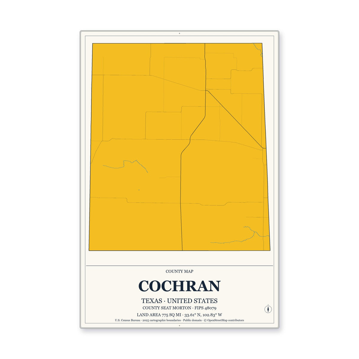 Cochran County, Texas Map Aluminum Sign in Citrine Modern style