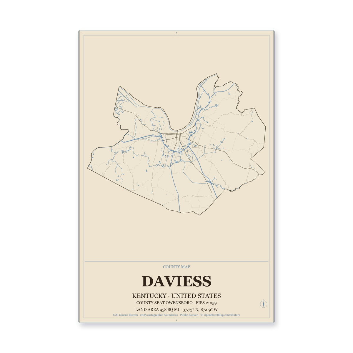 Daviess County, Kentucky Map Aluminum Sign in Heritage Nautical style