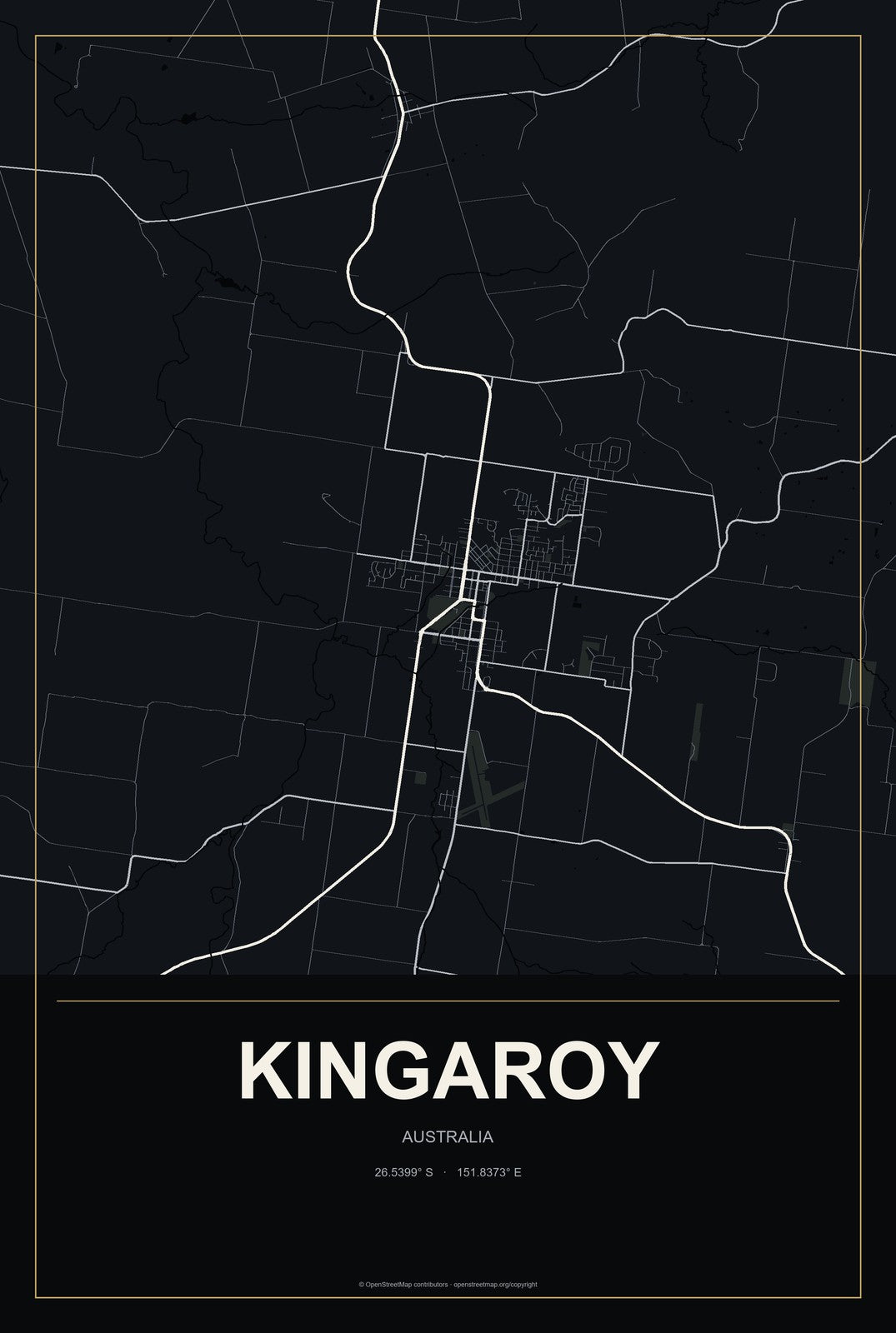 Kingaroy, Australia City Map Aluminum Sign in Metropolitan Noir style