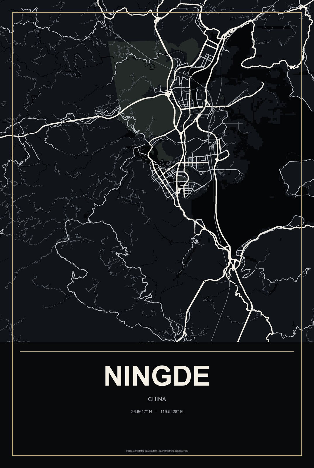 Ningde, China City Map Aluminum Sign in Metropolitan Noir style