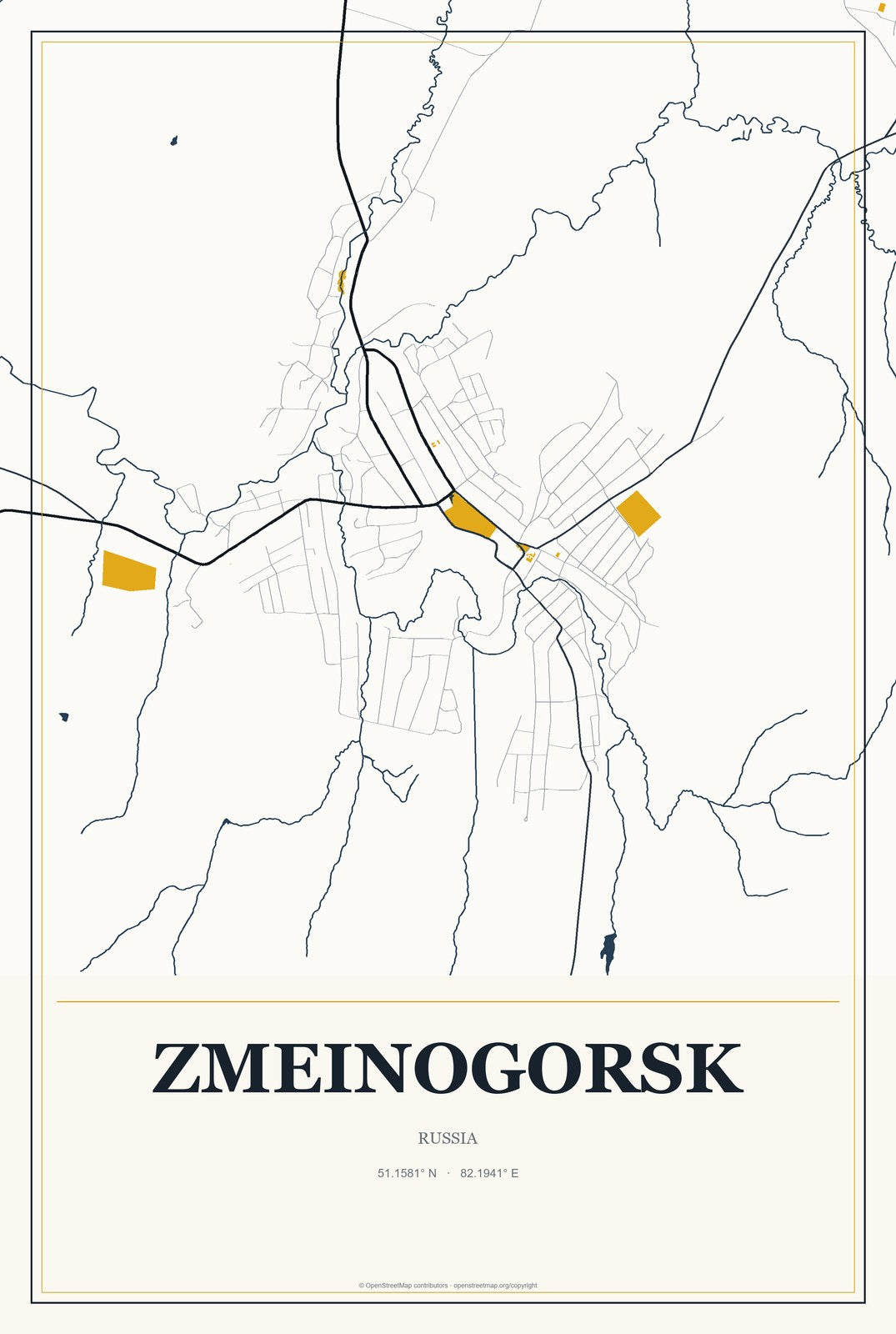 Zmeinogorsk, Russia City Map Aluminum Sign in Citrine Modern style