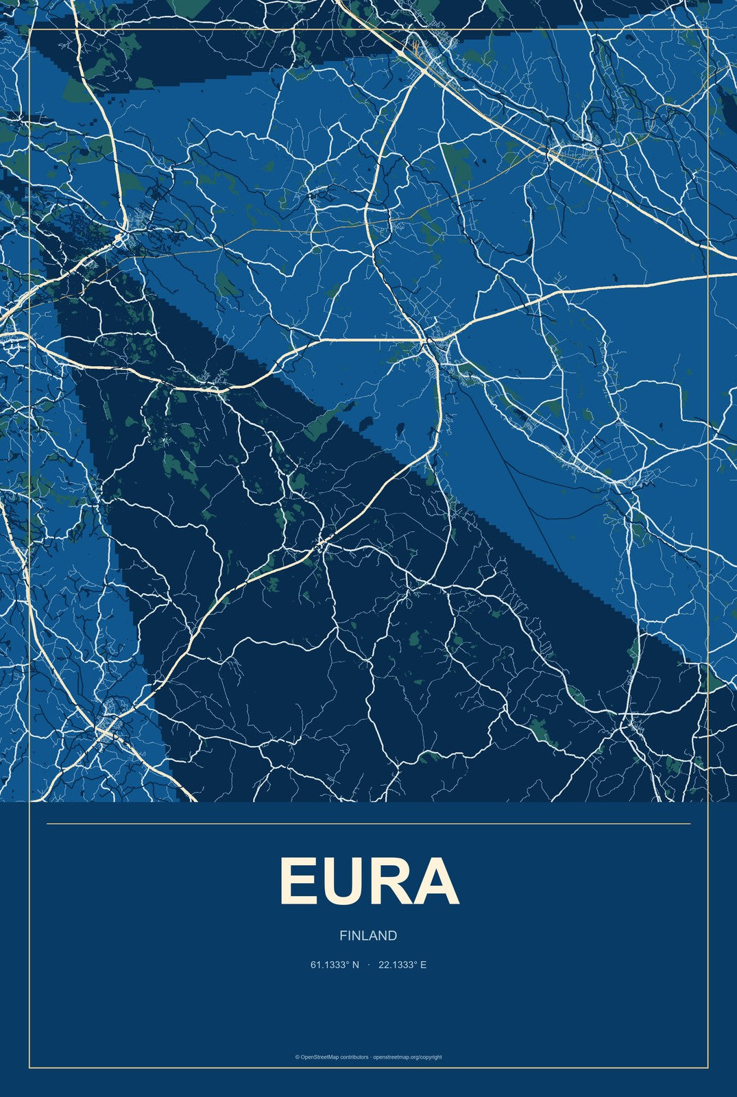 Eura, Finland City Map Aluminum Sign in Harbor Cobalt style