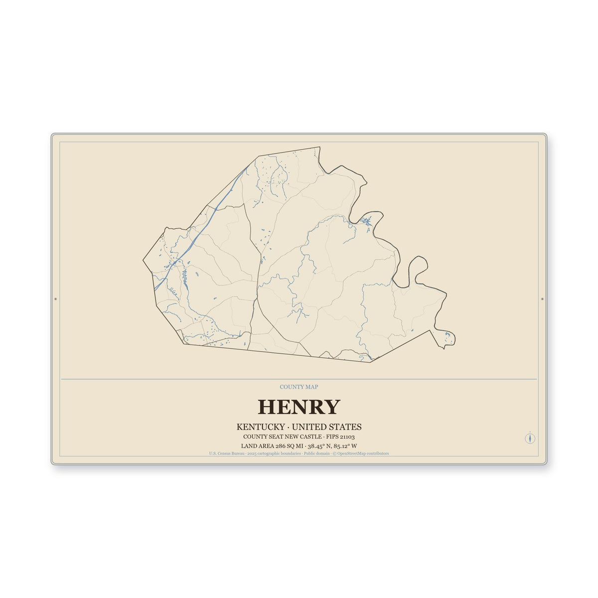 Henry County, Kentucky Map Aluminum Sign in Heritage Nautical style