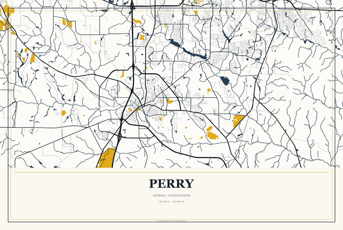 Perry, Georgia City Map Aluminum Sign in Citrine Modern style