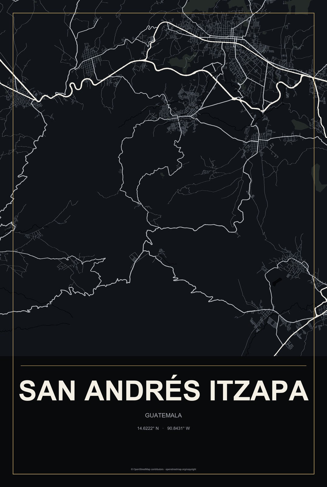 San Andrés Itzapa, Guatemala City Map Aluminum Sign in Metropolitan Noir style