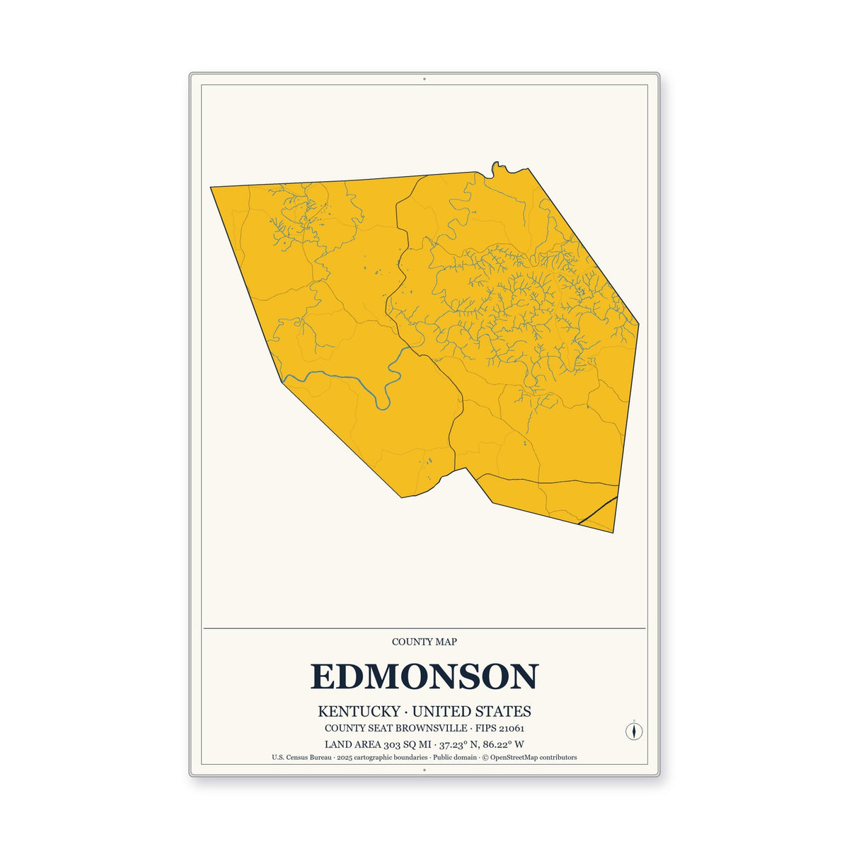 Edmonson County, Kentucky Map Aluminum Sign in Citrine Modern style
