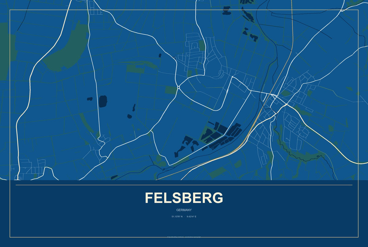 Felsberg, Germany City Map Aluminum Sign in Harbor Cobalt style