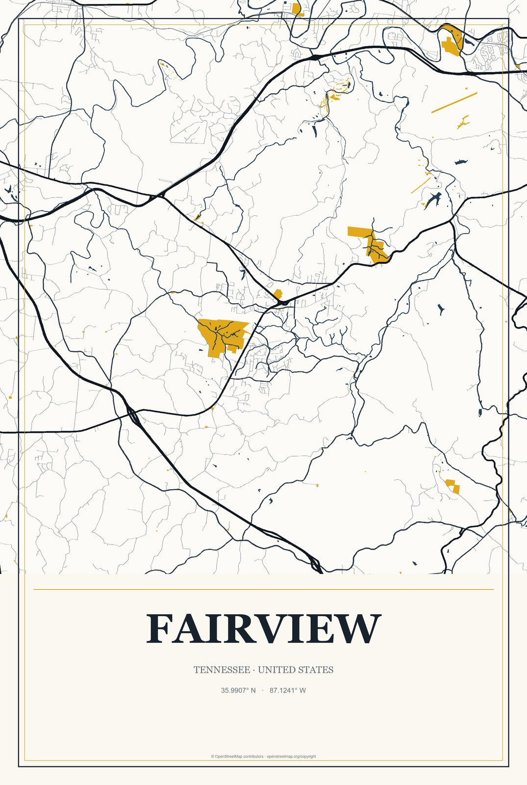 Fairview, Tennessee City Map Aluminum Sign in Citrine Modern style