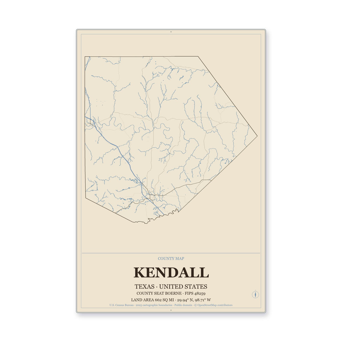 Kendall County, Texas Map Aluminum Sign in Heritage Nautical style