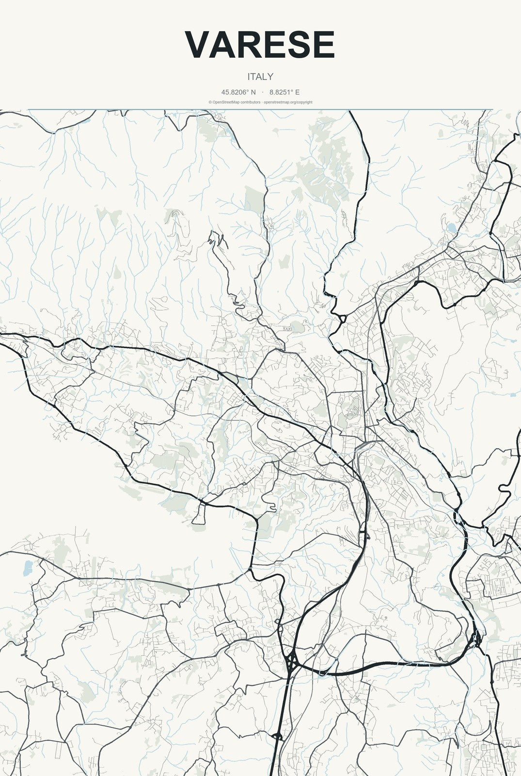 Varese, Italy City Map Aluminum Sign in Headline Atlas style