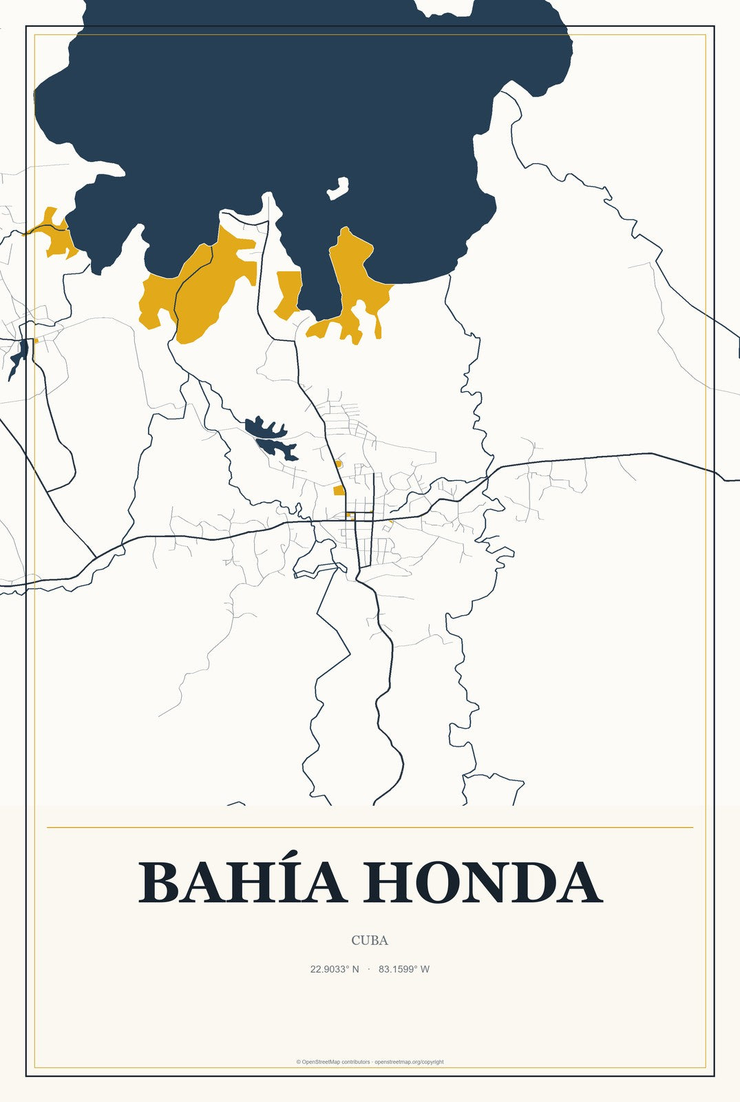 Bahía Honda, Cuba City Map Aluminum Sign in Citrine Modern style
