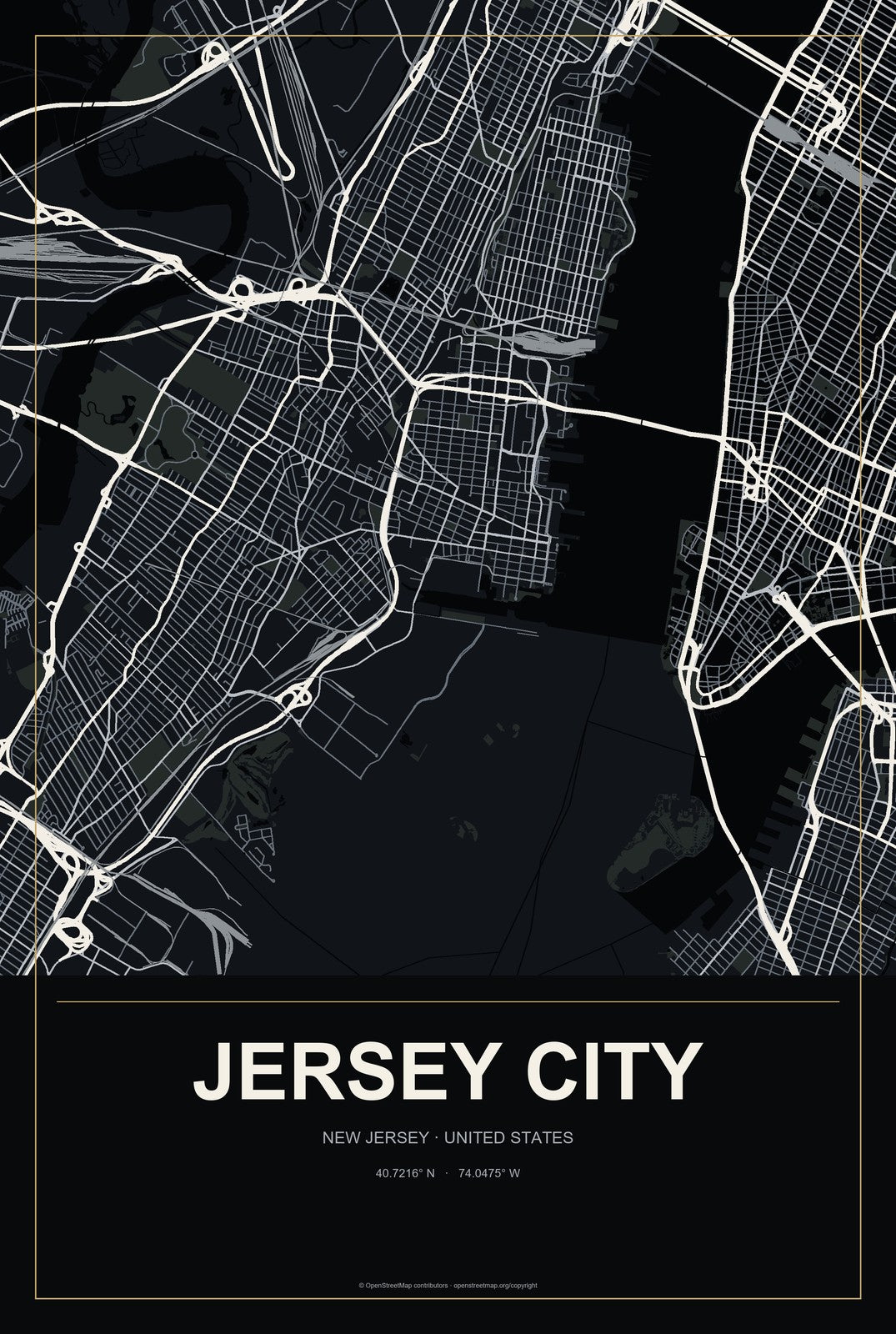 Jersey City, New Jersey City Map Aluminum Sign in Metropolitan Noir style