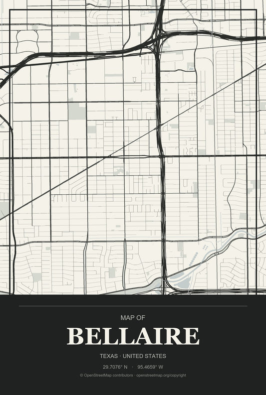 Bellaire, Texas City Map Aluminum Sign in Museum Plaque style