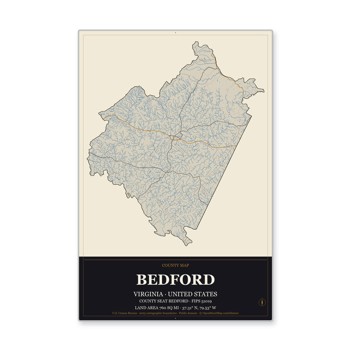 Bedford County, Virginia Map Aluminum Sign in Museum Plaque style