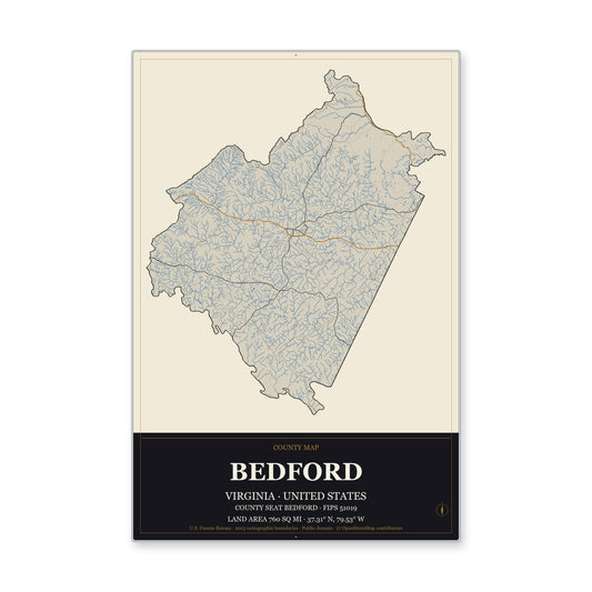 Bedford County, Virginia Map Aluminum Sign in Museum Plaque style