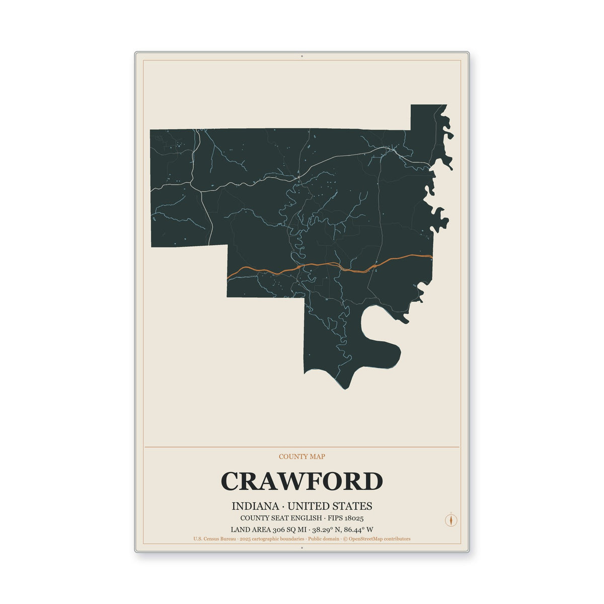 Crawford County, Indiana Map Aluminum Sign in Headline Atlas style