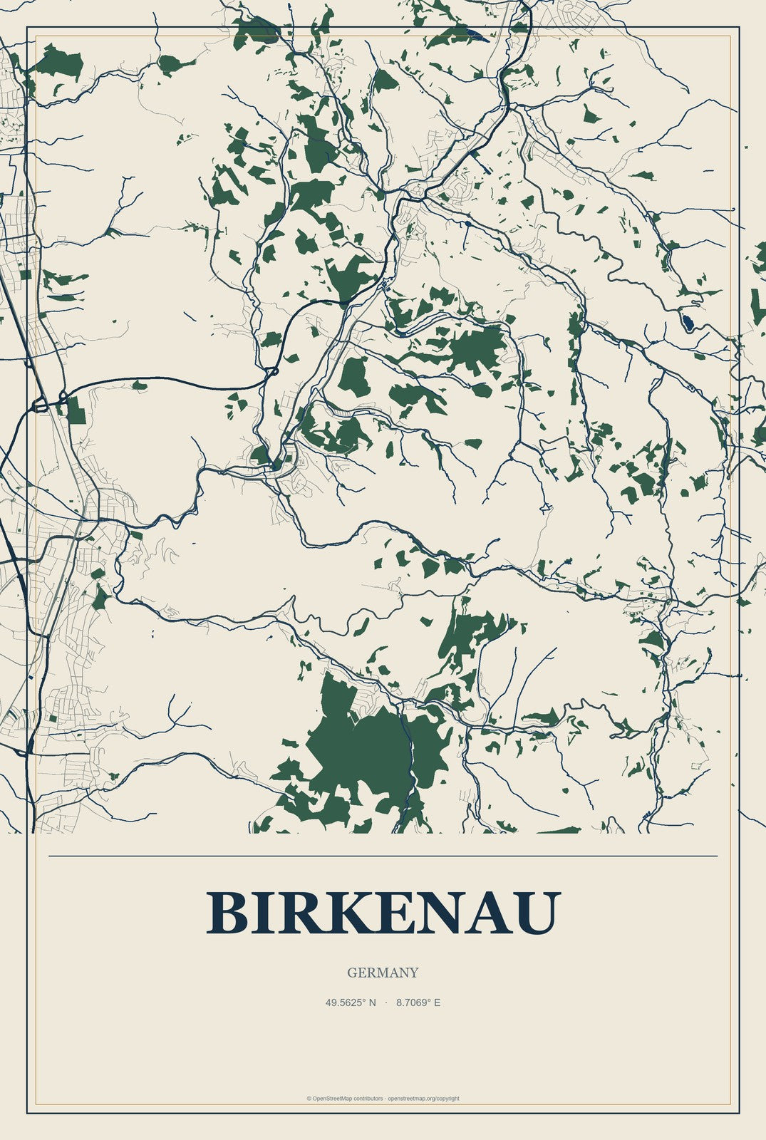 Birkenau, Germany City Map Aluminum Sign in Coastal Cutout style