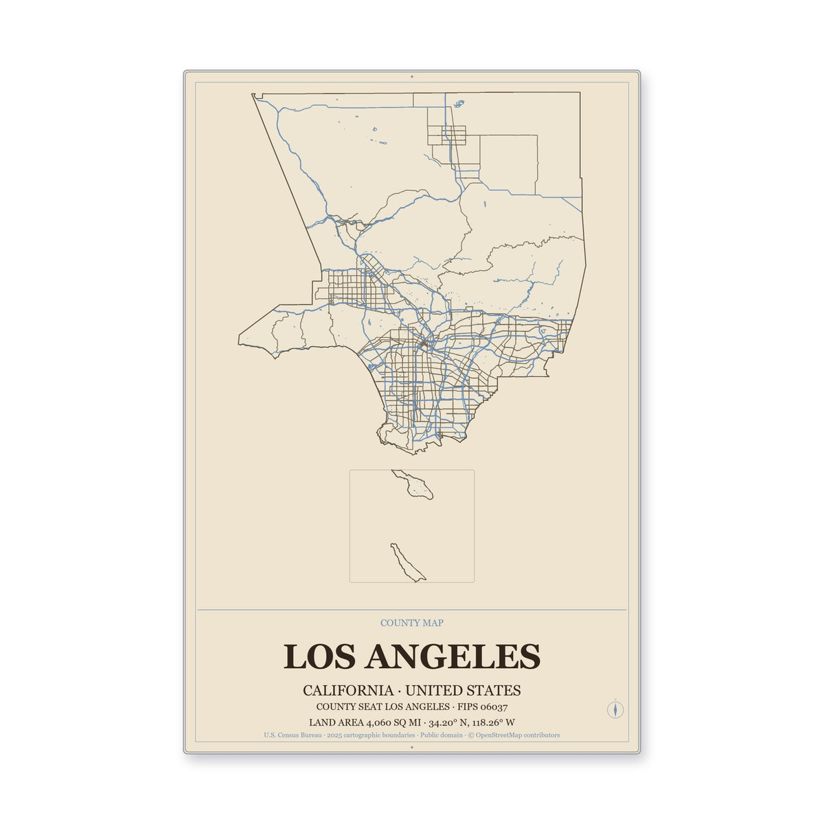Los Angeles County, California Map Aluminum Sign in Heritage Nautical style