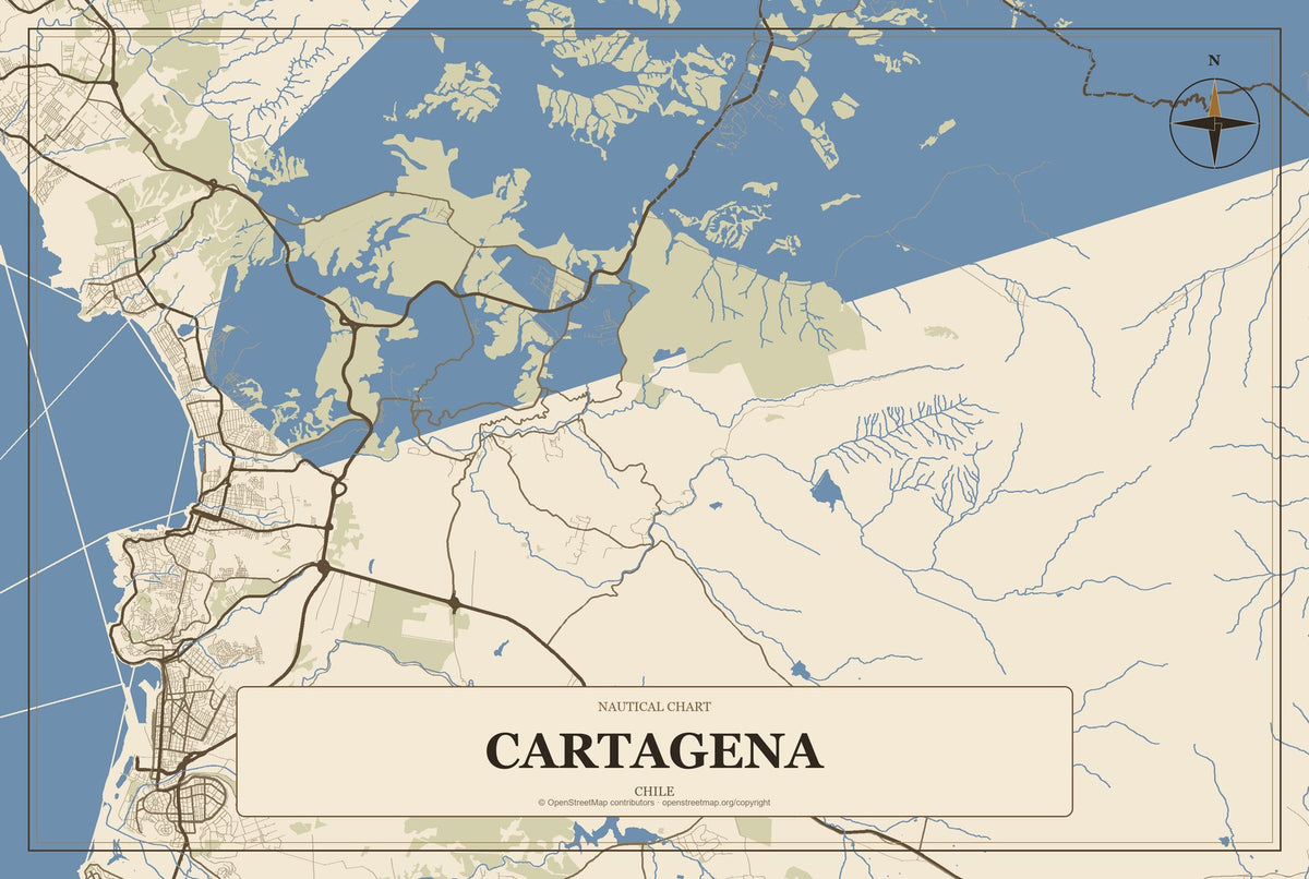 Cartagena, Chile City Map Aluminum Sign in Heritage Nautical style
