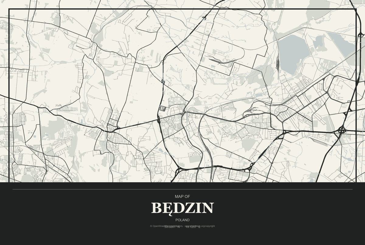 Będzin, Poland City Map Aluminum Sign in Museum Plaque style