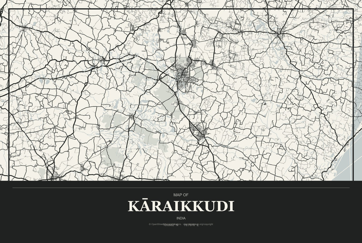 Kāraikkudi, India City Map Aluminum Sign in Museum Plaque style