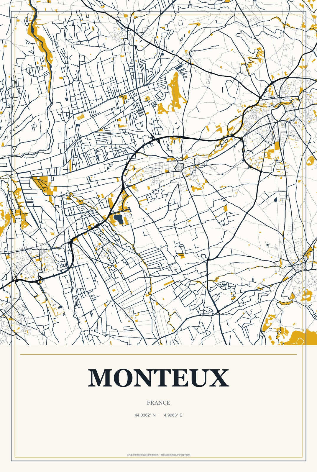 Monteux, France City Map Aluminum Sign in Citrine Modern style