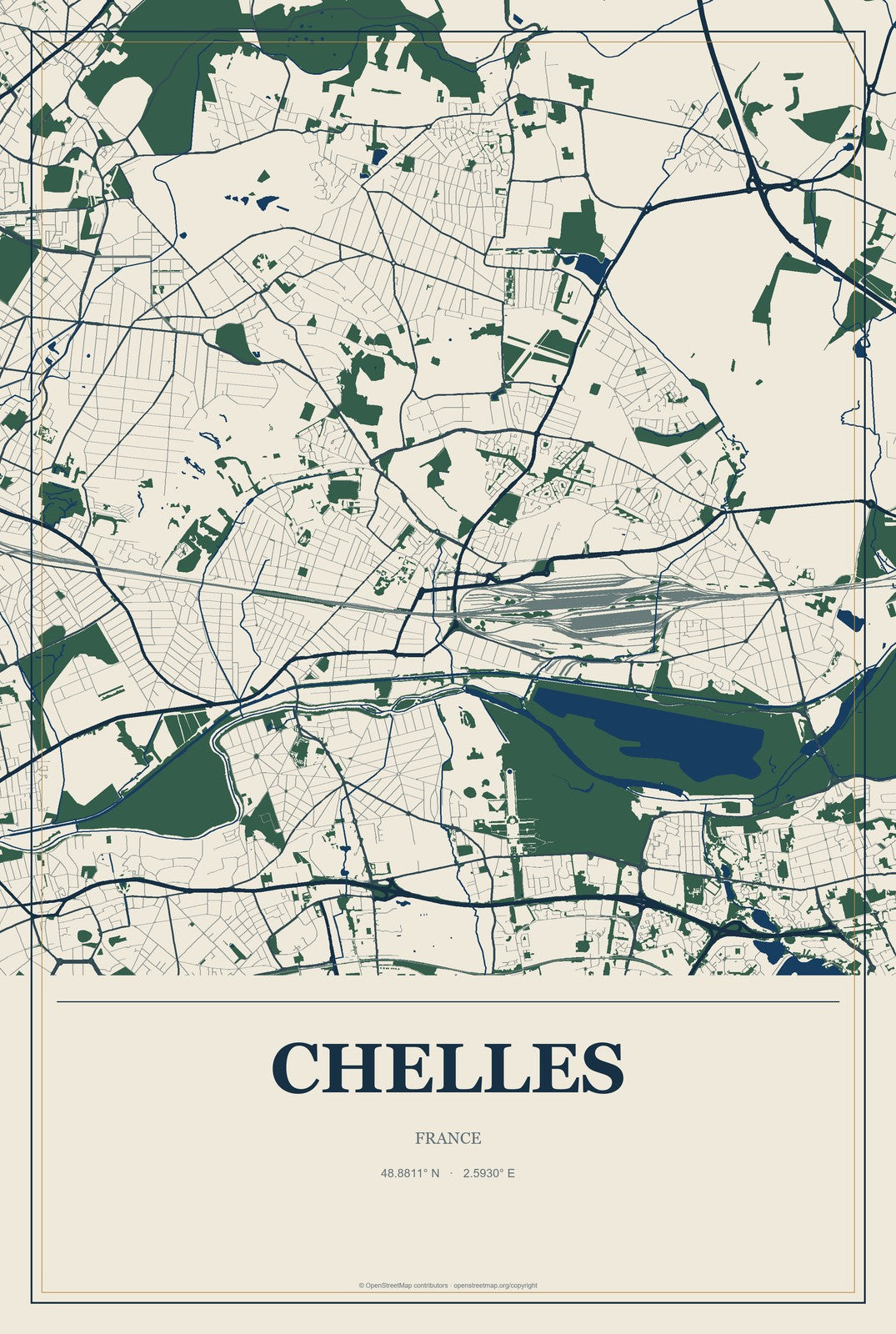 Chelles, France City Map Aluminum Sign in Coastal Cutout style