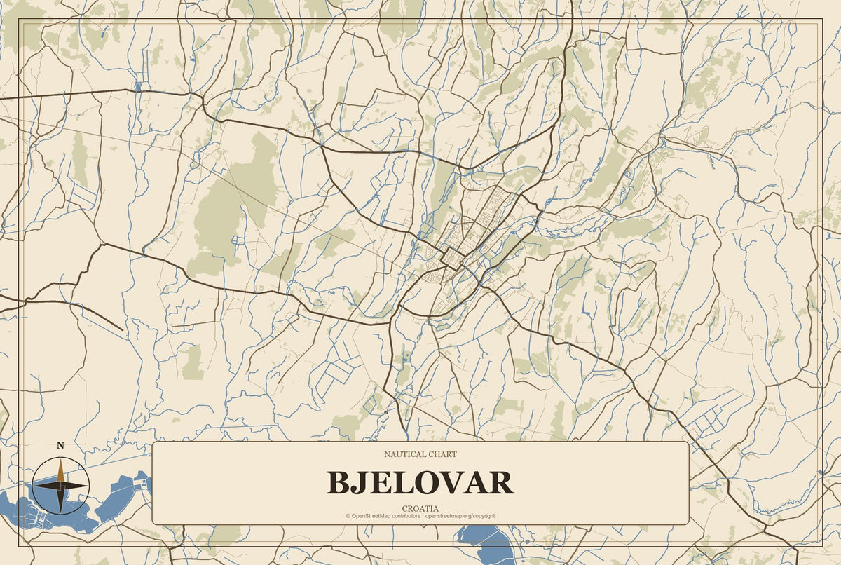 Bjelovar, Croatia City Map Aluminum Sign in Heritage Nautical style