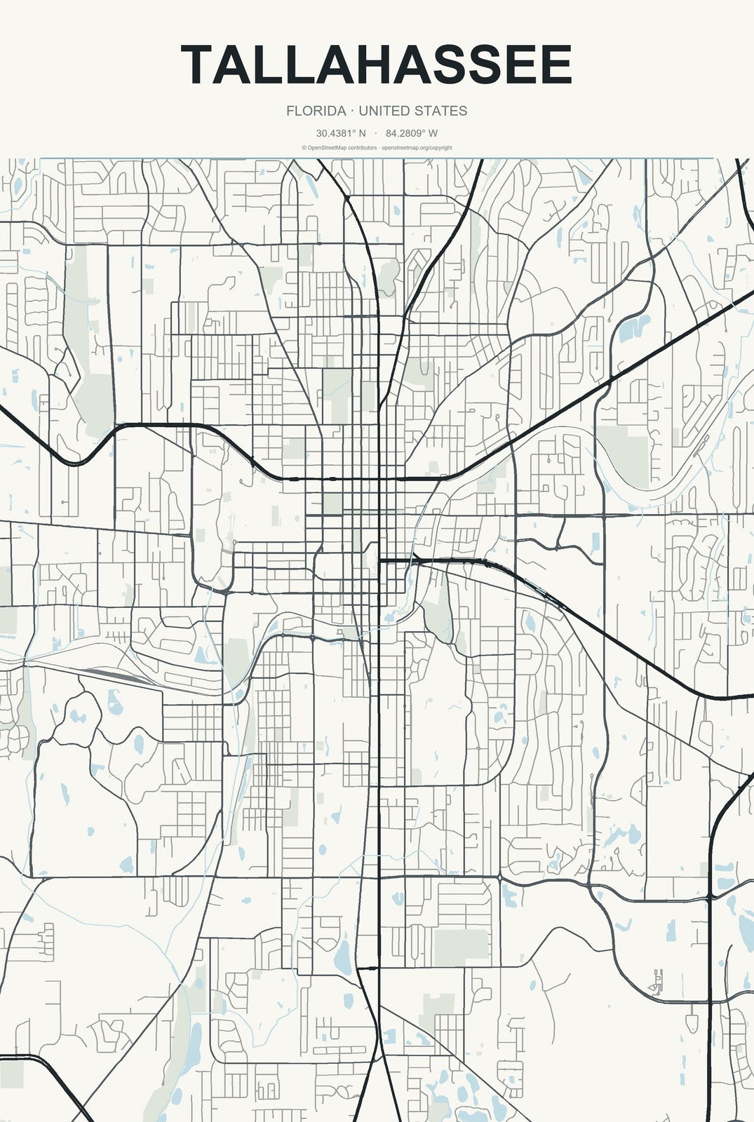 Tallahassee, Florida City Map Aluminum Sign in Headline Atlas style
