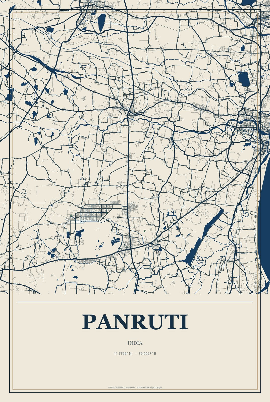 Panruti, India City Map Aluminum Sign in Coastal Cutout style