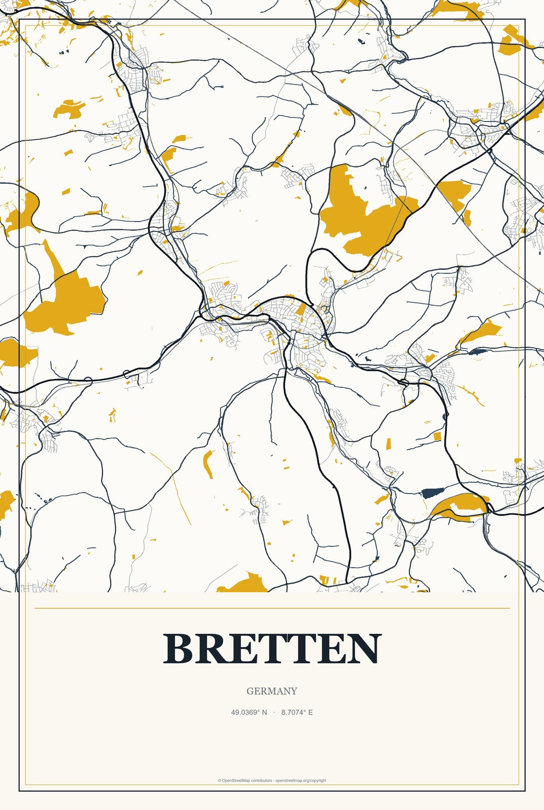 Bretten, Germany City Map Aluminum Sign in Citrine Modern style